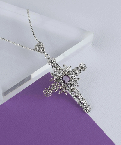 FiligranIst - Amethyst Gemstone Silver Cross Filigree Pendant Necklace