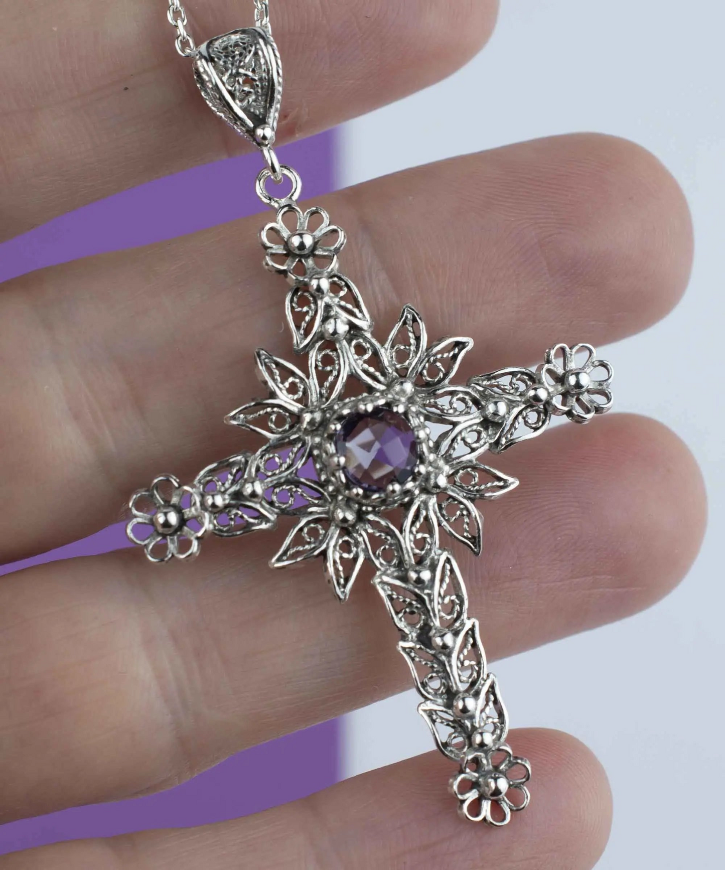 FiligranIst - Amethyst Gemstone Silver Cross Filigree Pendant Necklace