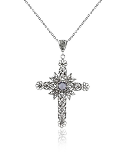 FiligranIst - Amethyst Gemstone Silver Cross Filigree Pendant Necklace