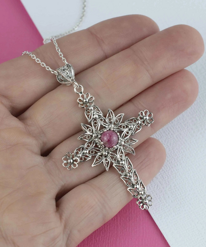 FiligranIst - Handcrafted Filigree Rhodonite Gemstone Silver Cross Pendant Necklace