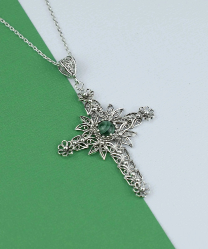 FiligranIst - Filigree Art Malachite Gemstone Silver Cross Pendant Necklace