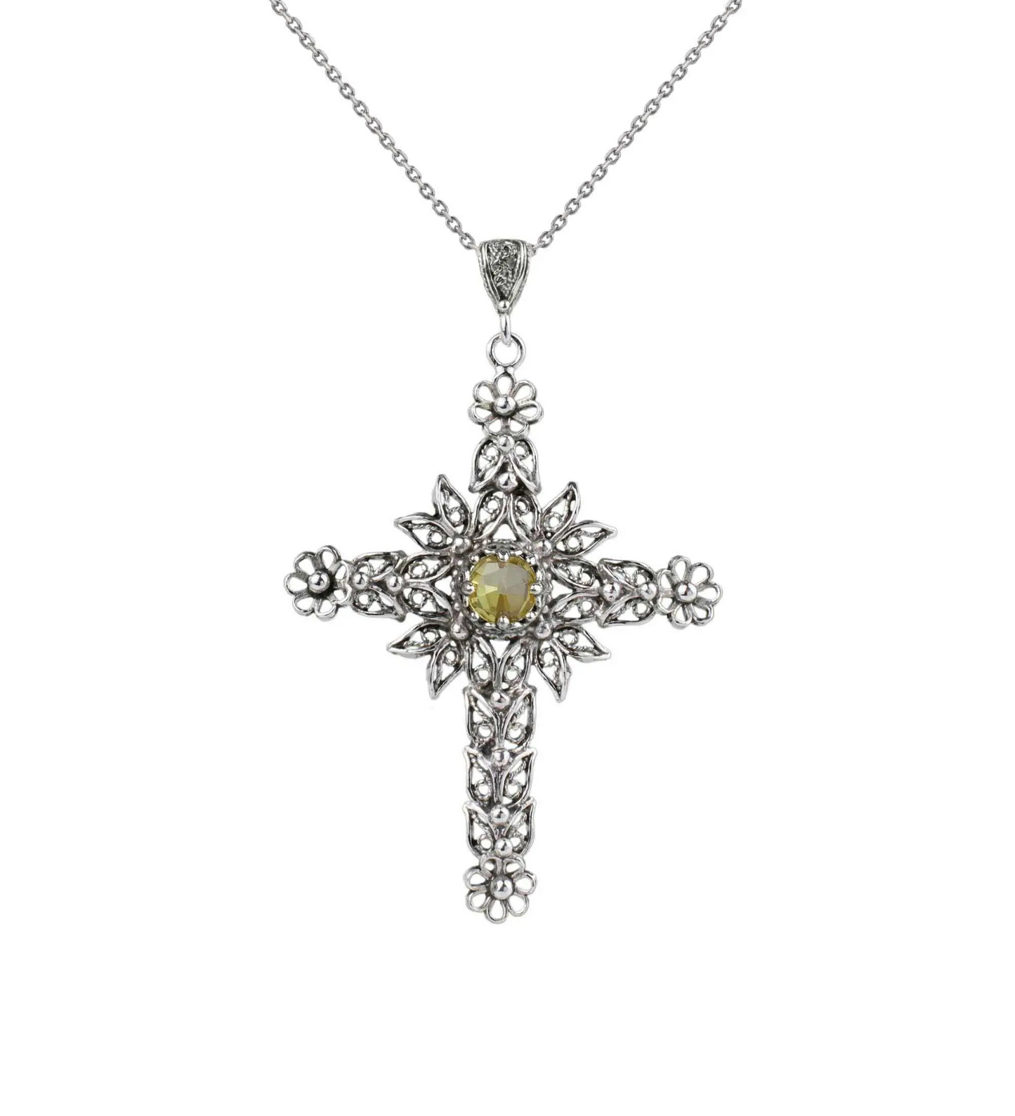 FiligranIst - Filigree Art Citrine Gemstone Silver Cross Pendant Necklace