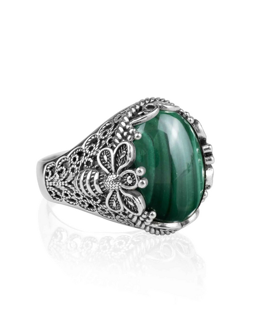 FiligranIst - Malachite Gemstone Bee Detailed Silver Statement Ring