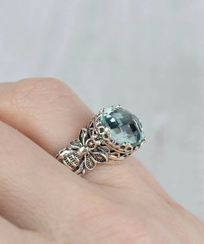 FiligranIst - Bee Detailed Aquamarine Gemstone Filigree Art Silver Cocktail Ring