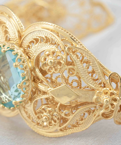 FiligranIst - Gold Plated Sterling Silver Filigree Art Blue Topaz Gemstone Women Cuff Bracelet