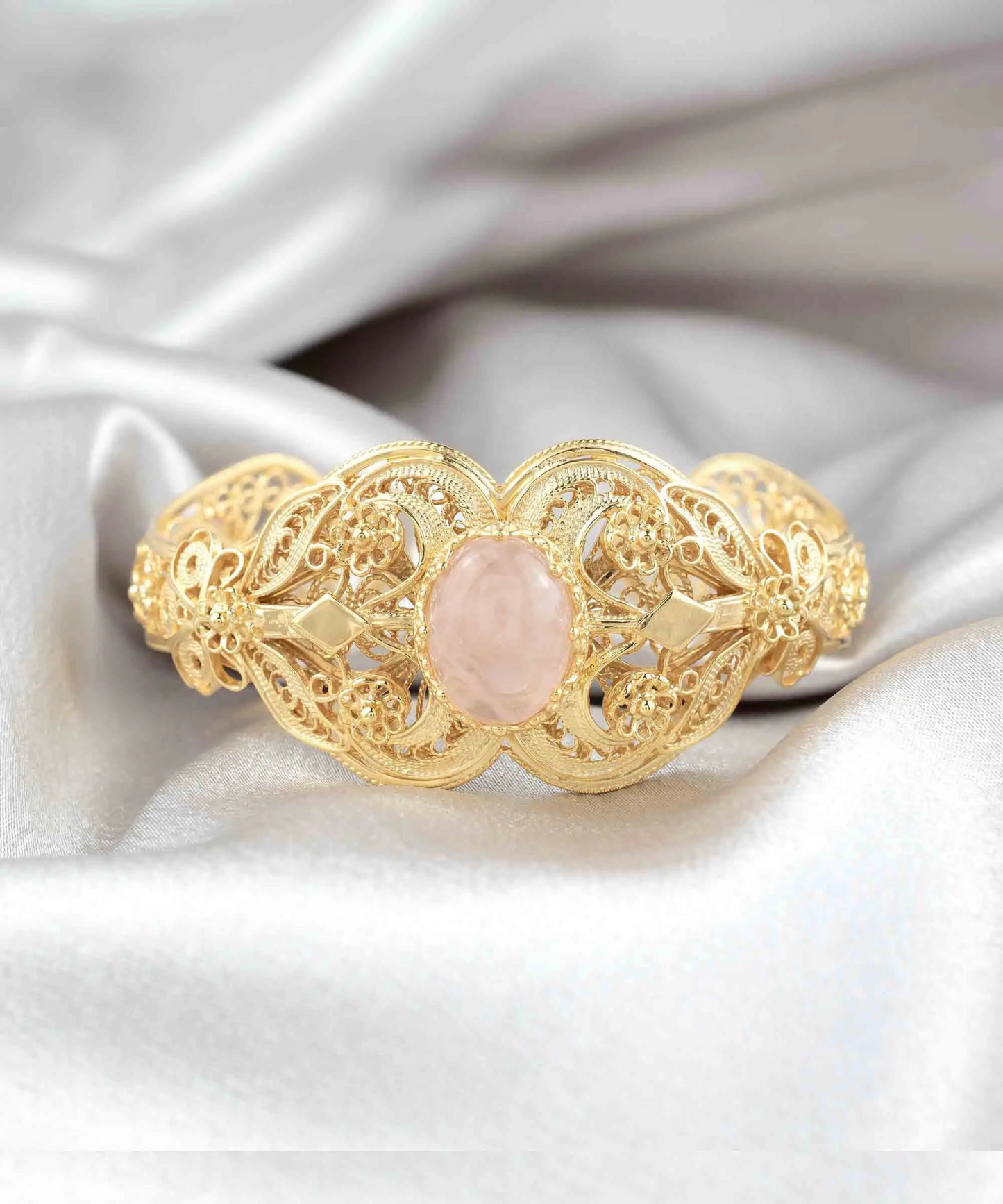 FiligranIst - Gold Plated Sterling Silver Filigree Art Rose Quartz Gemstone Women Cuff Bracelet