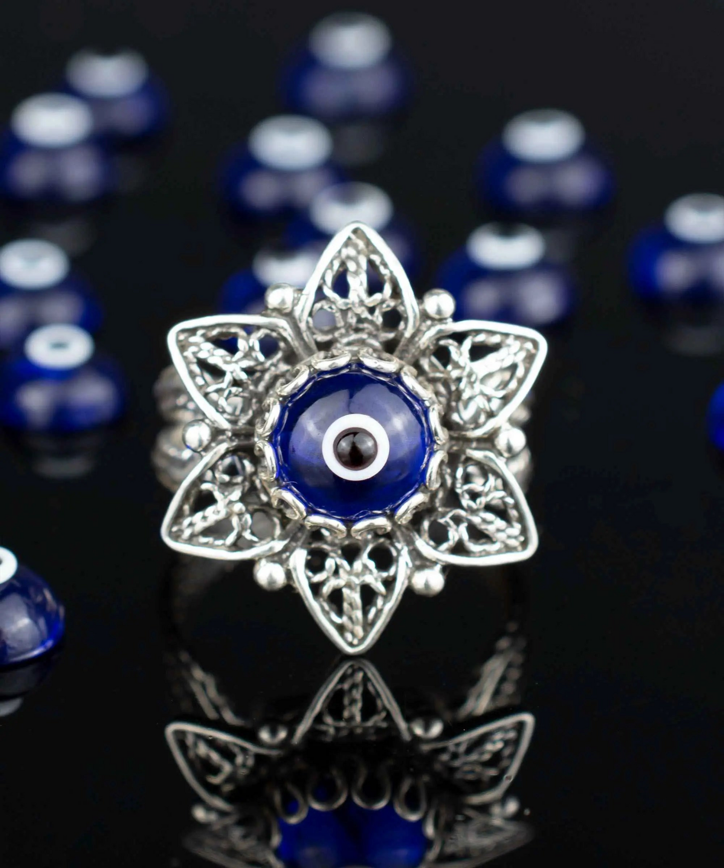 FiligranIst - Blue Evil Eye Daisy Filigree Silver Cocktail Ring