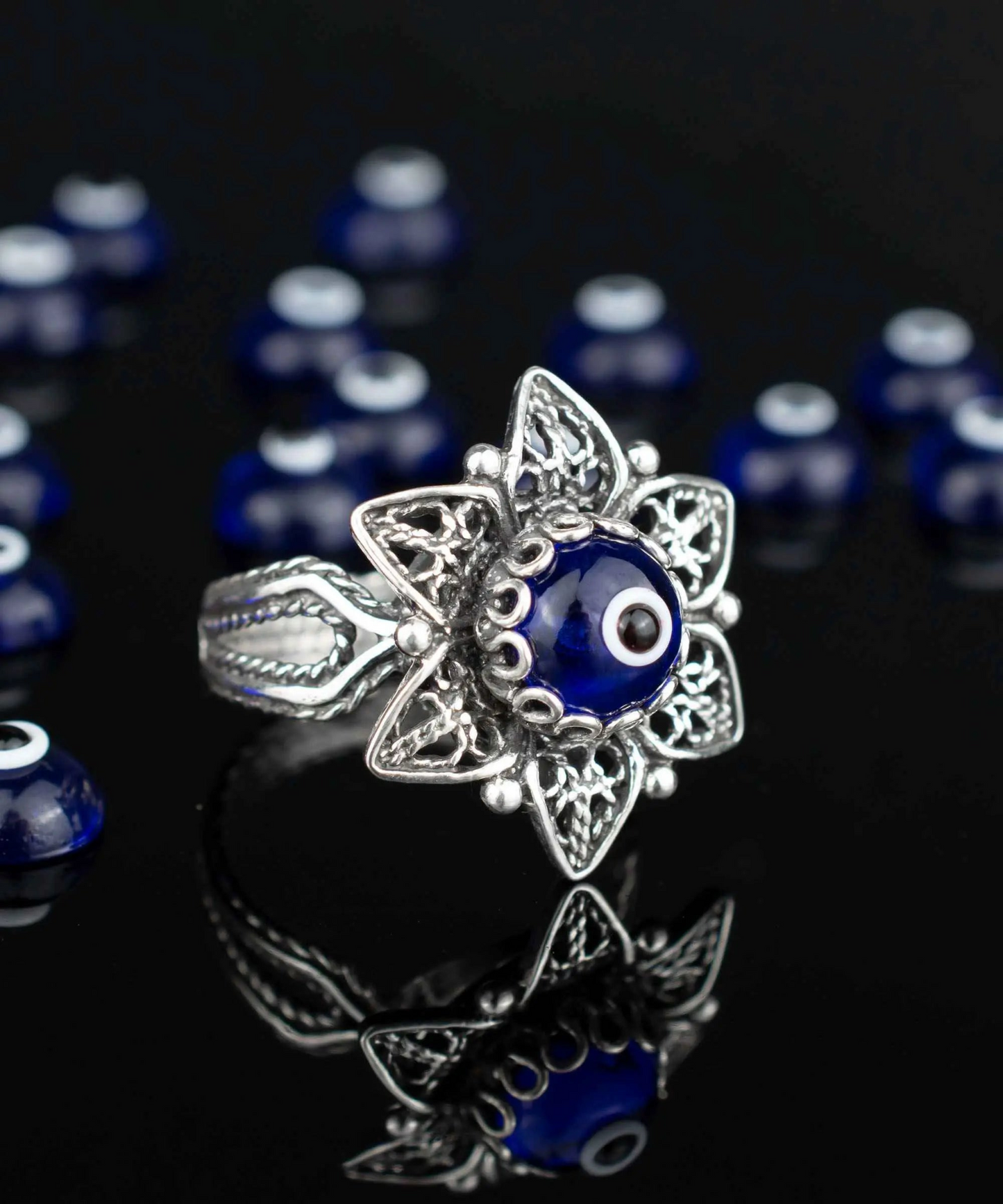 FiligranIst - Blue Evil Eye Daisy Filigree Silver Cocktail Ring