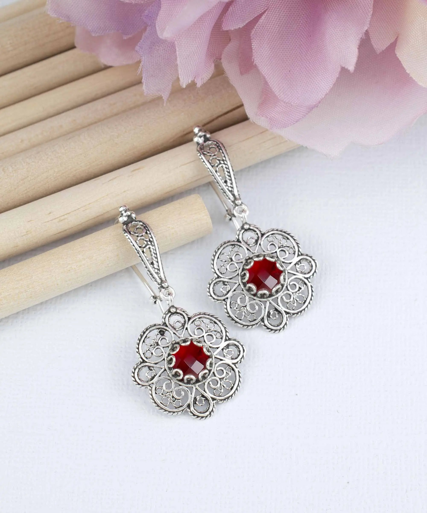 FiligranIst - Sterling Silver Filigree Art Ruby Gemstone Women Dangle Drop Earrings