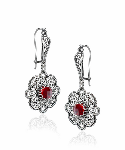 FiligranIst - Sterling Silver Filigree Art Ruby Gemstone Women Dangle Drop Earrings