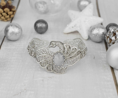 FiligranIst - Filigree Art Gray Moonstone Gemstone Double Swan Figured Women Silver Cuff Bracelet