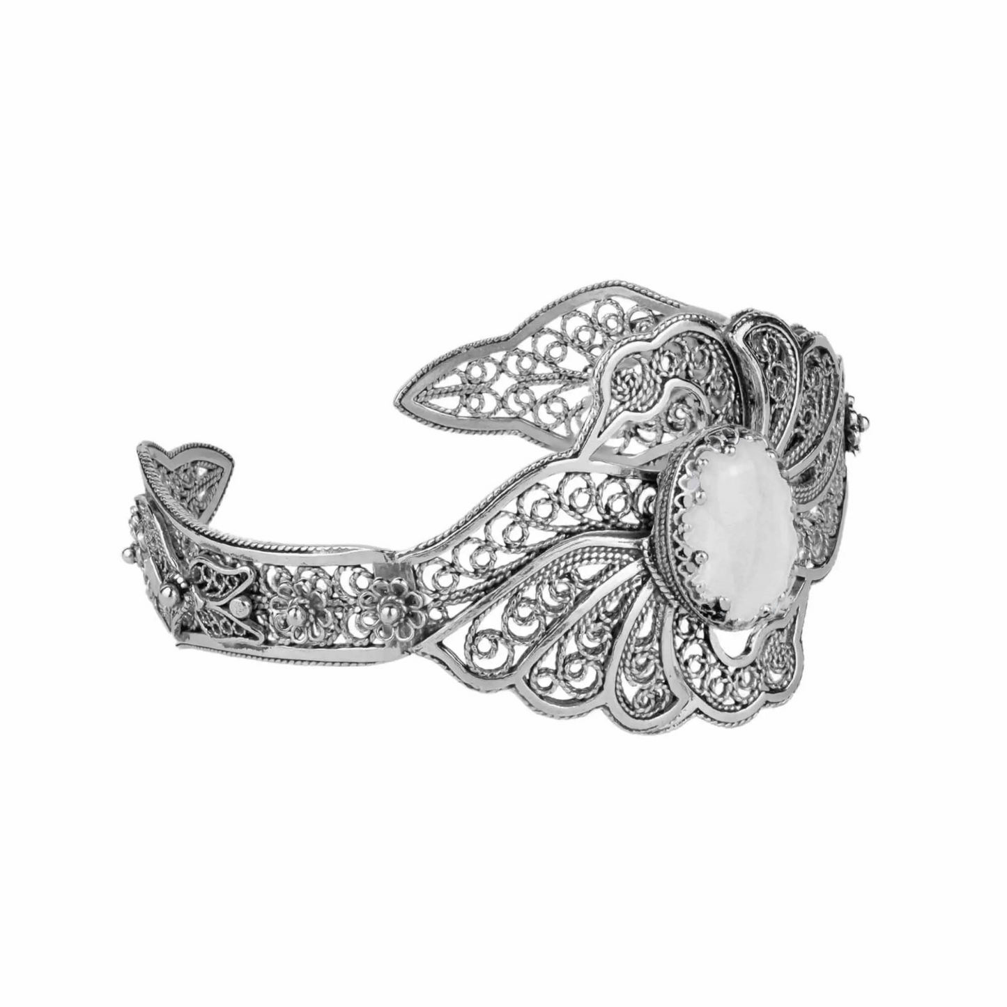 FiligranIst - Filigree Art Mother of Pearl Gemstone Double Swan Figured Women Silver Cuff Bracelet