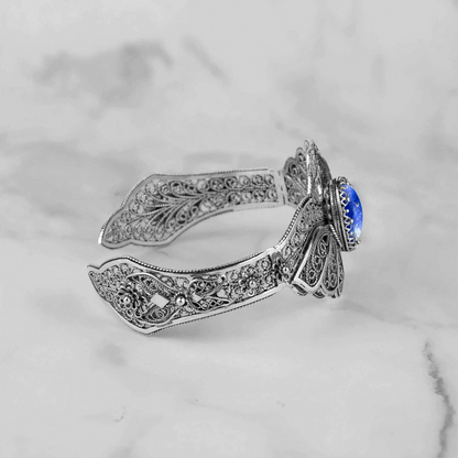 FiligranIst - Filigree Art Lapis Lazuli Gemstone Double Swan Figured Women Silver Cuff Bracelet