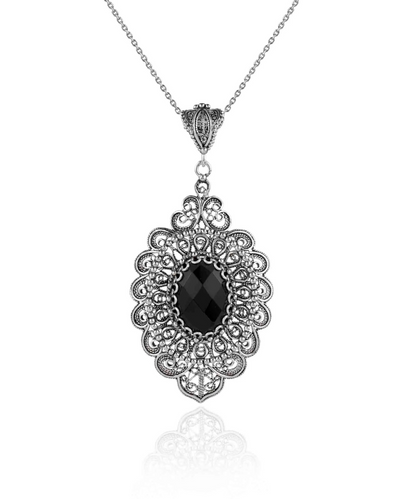 FiligranIst - Filigree Art Black Onyx Floral Women's Silver Pendant Necklace