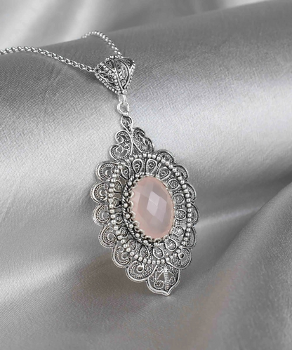 FiligranIst - Sterling Silver Filigree Art Pink Chalcedony Floral Oval Pendant Necklace