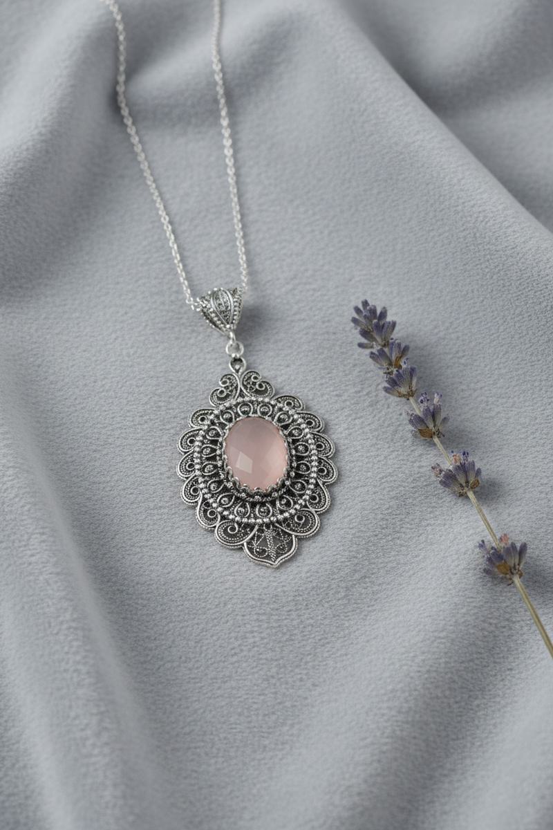 Handcrafted 925 Sterling Silver Pink Chalcedony Filigree Art Floral Pendant Necklace | Filigranist