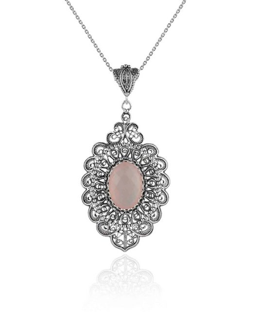 FiligranIst - Sterling Silver Filigree Art Pink Chalcedony Floral Oval Pendant Necklace