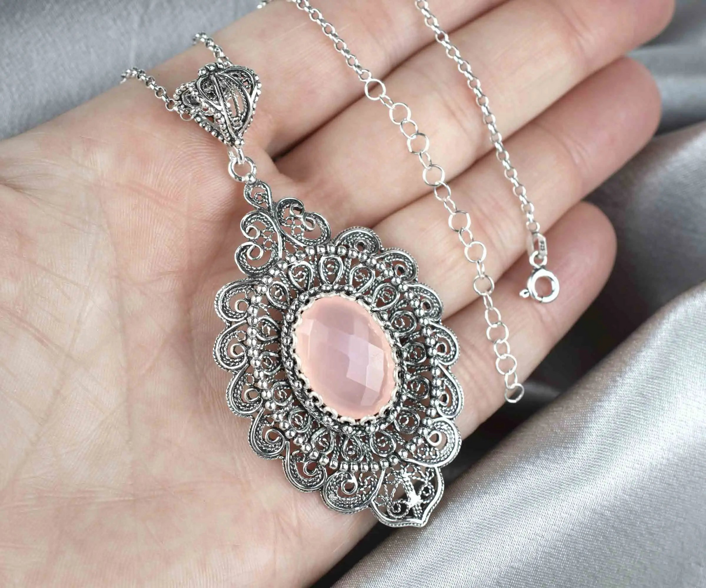 FiligranIst - Sterling Silver Filigree Art Pink Chalcedony Floral Oval Pendant Necklace