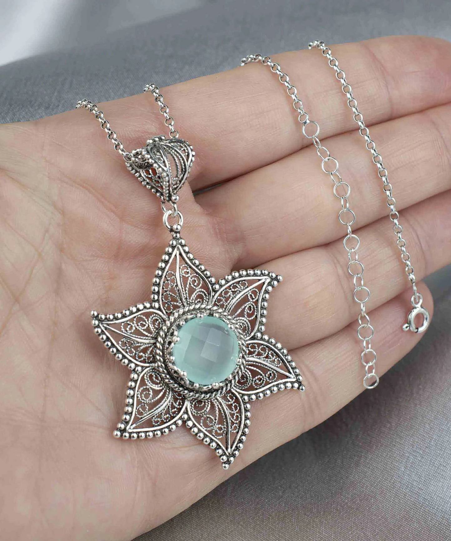 FiligranIst - Filigree Art Aqua Chalcedony Gemstone Star Design Women Silver Pendant Necklace