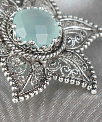 FiligranIst - Filigree Art Aqua Chalcedony Gemstone Star Design Women Silver Pendant Necklace