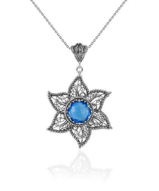 FiligranIst - Handcrafted Sterling Silver Filigree Art Blue Quartz Star Design Pendant Necklace