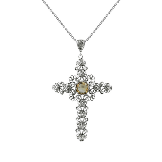 FiligranIst -  Filigree Art Citrine Gemstone Silver Cross Pendant Necklace