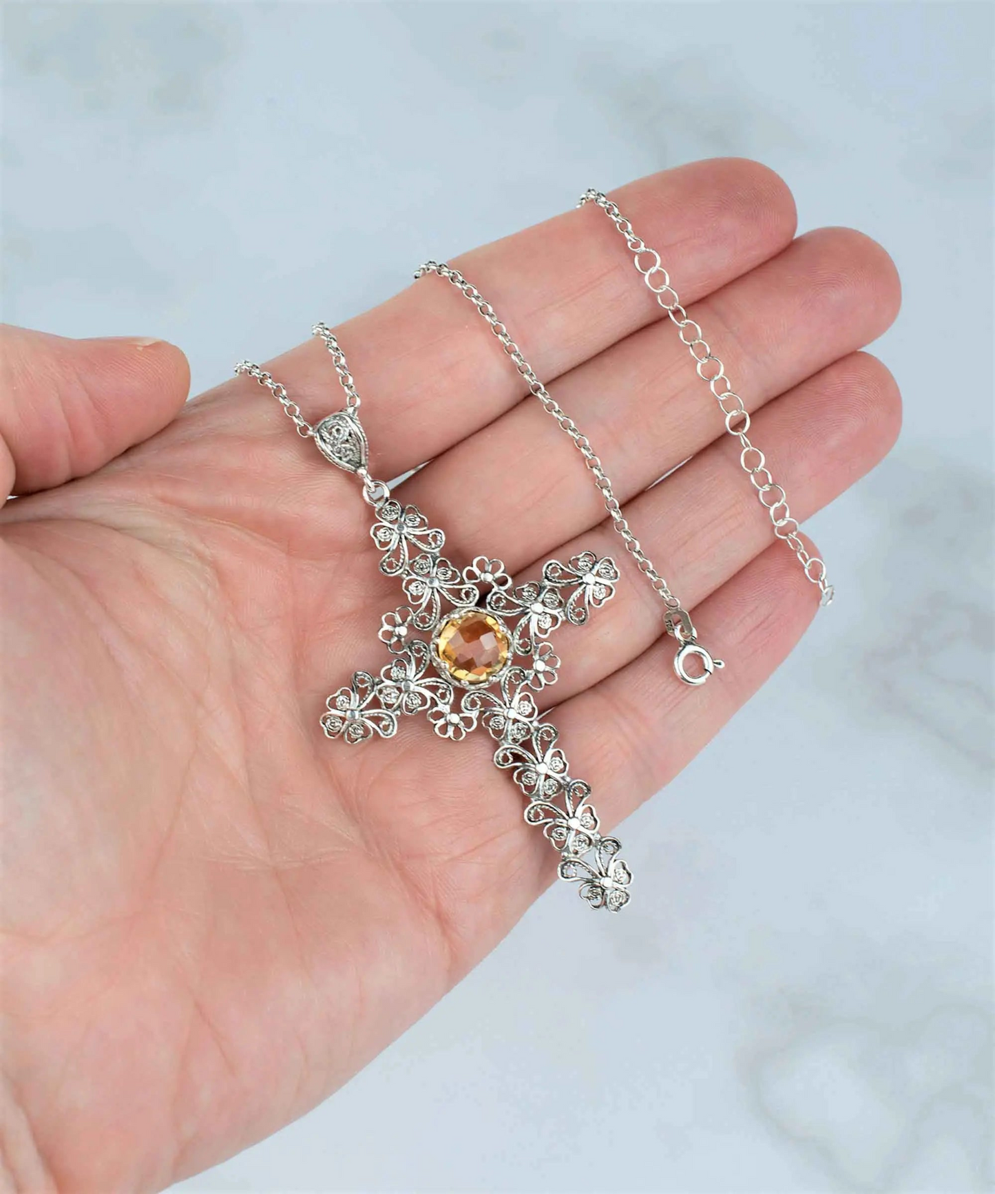 FiligranIst -  Filigree Art Citrine Gemstone Silver Cross Pendant Necklace