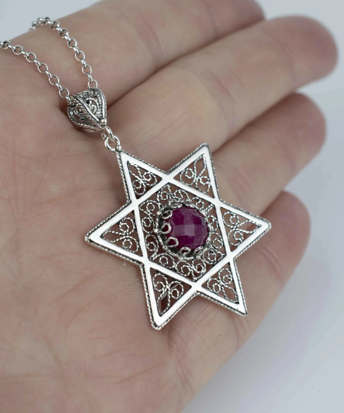 FiligranIst -  Ruby Corundum Gemstone Star of David Filigree Silver Pendant Necklace