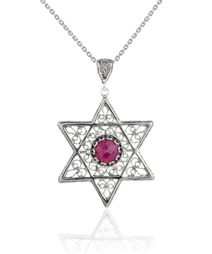 FiligranIst -  Ruby Corundum Gemstone Star of David Filigree Silver Pendant Necklace