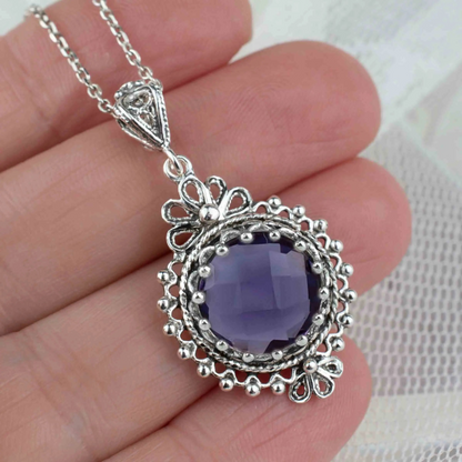 FiligranIst - Filigree Art Amethyst Gemstone Silver Boho Pendant Necklace