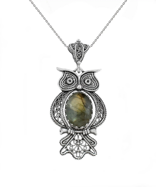 FiligranIst - Labradorite Gemstone Owl Filigree Silver Pendant Necklace