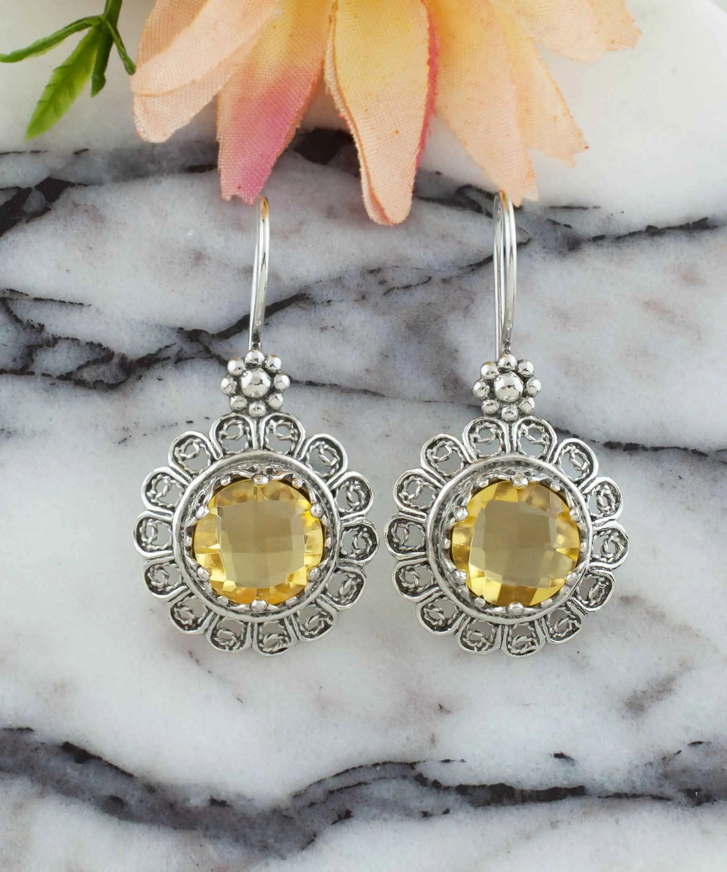 FiligranIst - Citrine Gemstone Flower Filigree Silver Drop Earrings