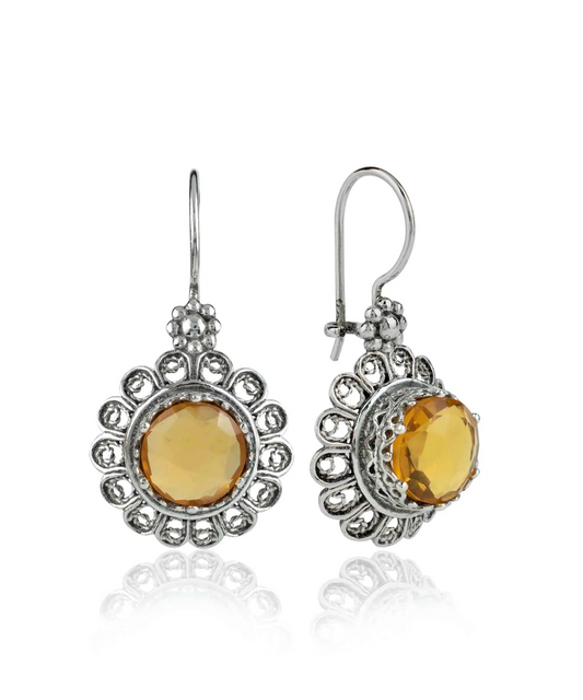 FiligranIst - Citrine Gemstone Flower Filigree Silver Drop Earrings