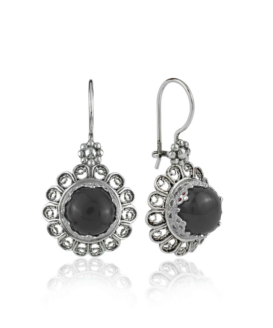 FiligranIst - Black Onyx Gemstone Flower Filigree Silver Drop Earrings