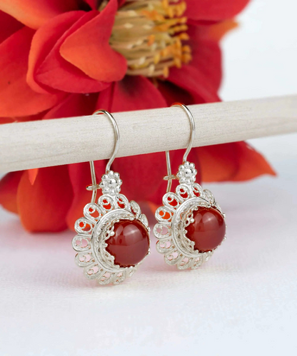 FiligranIst - Filigree Art Flower Design Carnelian Gemstone Women Silver Drop Earrings