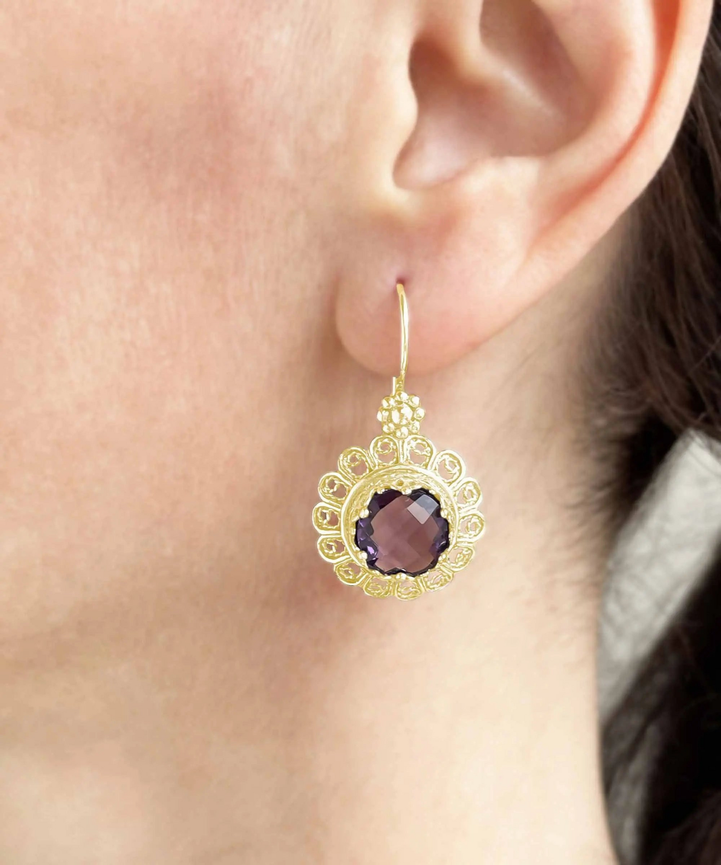 FiligranIst - Filigree Art Flower Design Gold Plated Silver Amethyst Gemstone Women Drop Earrings