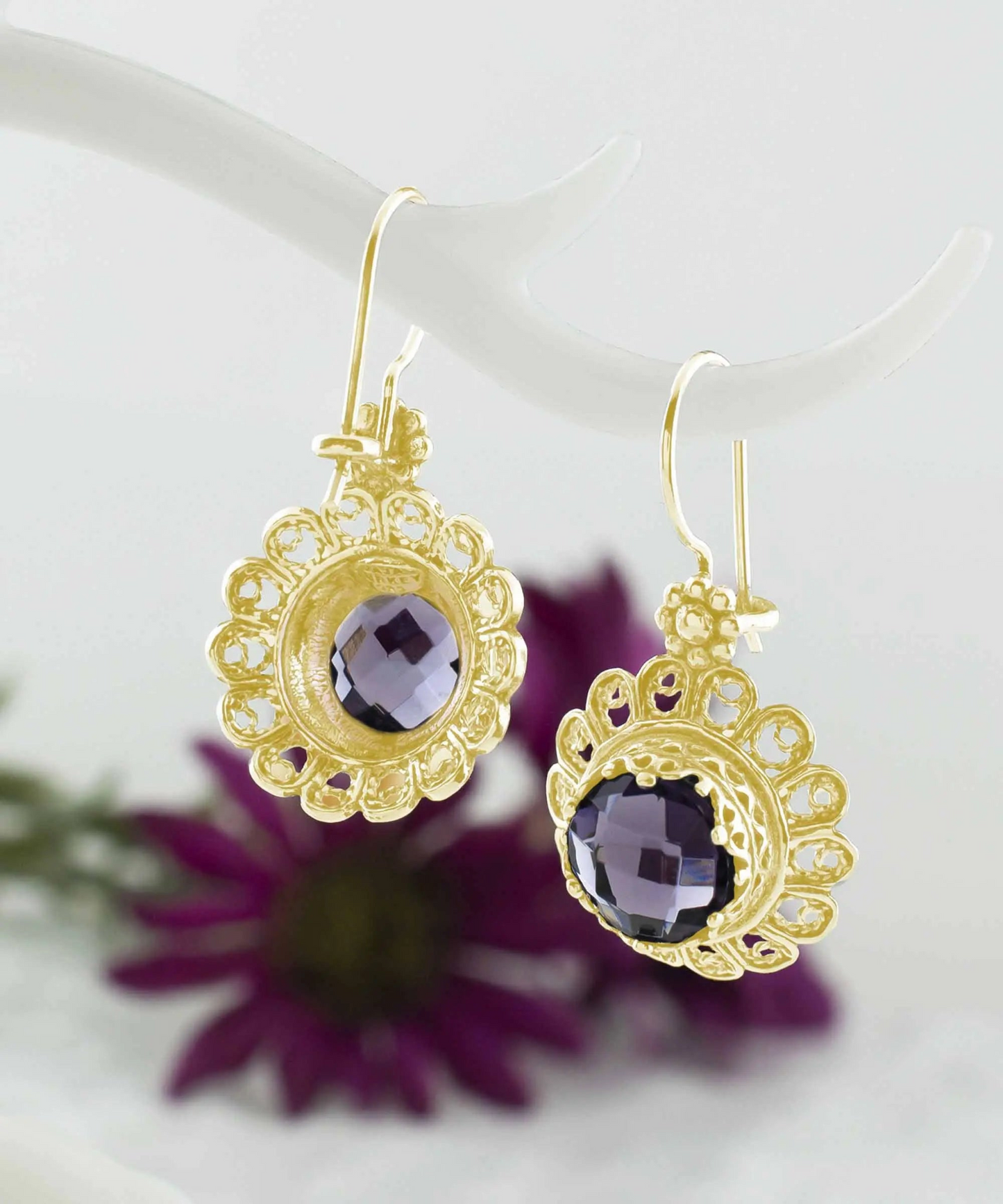 FiligranIst - Filigree Art Flower Design Gold Plated Silver Amethyst Gemstone Women Drop Earrings