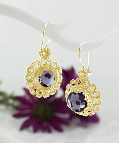 FiligranIst - Filigree Art Flower Design Gold Plated Silver Amethyst Gemstone Women Drop Earrings