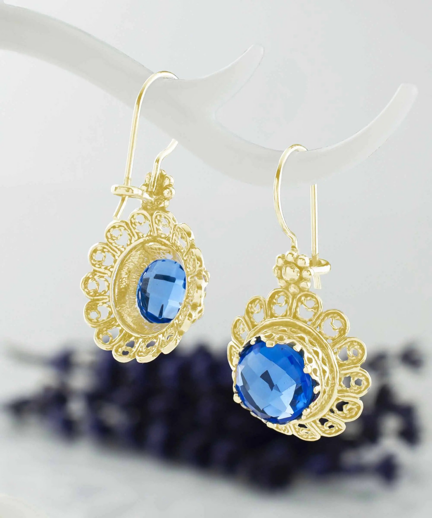 FiligranIst - Filigree Art Flower Design Gold Plated Silver Blue Quartz Gemstone Women Drop Earrings