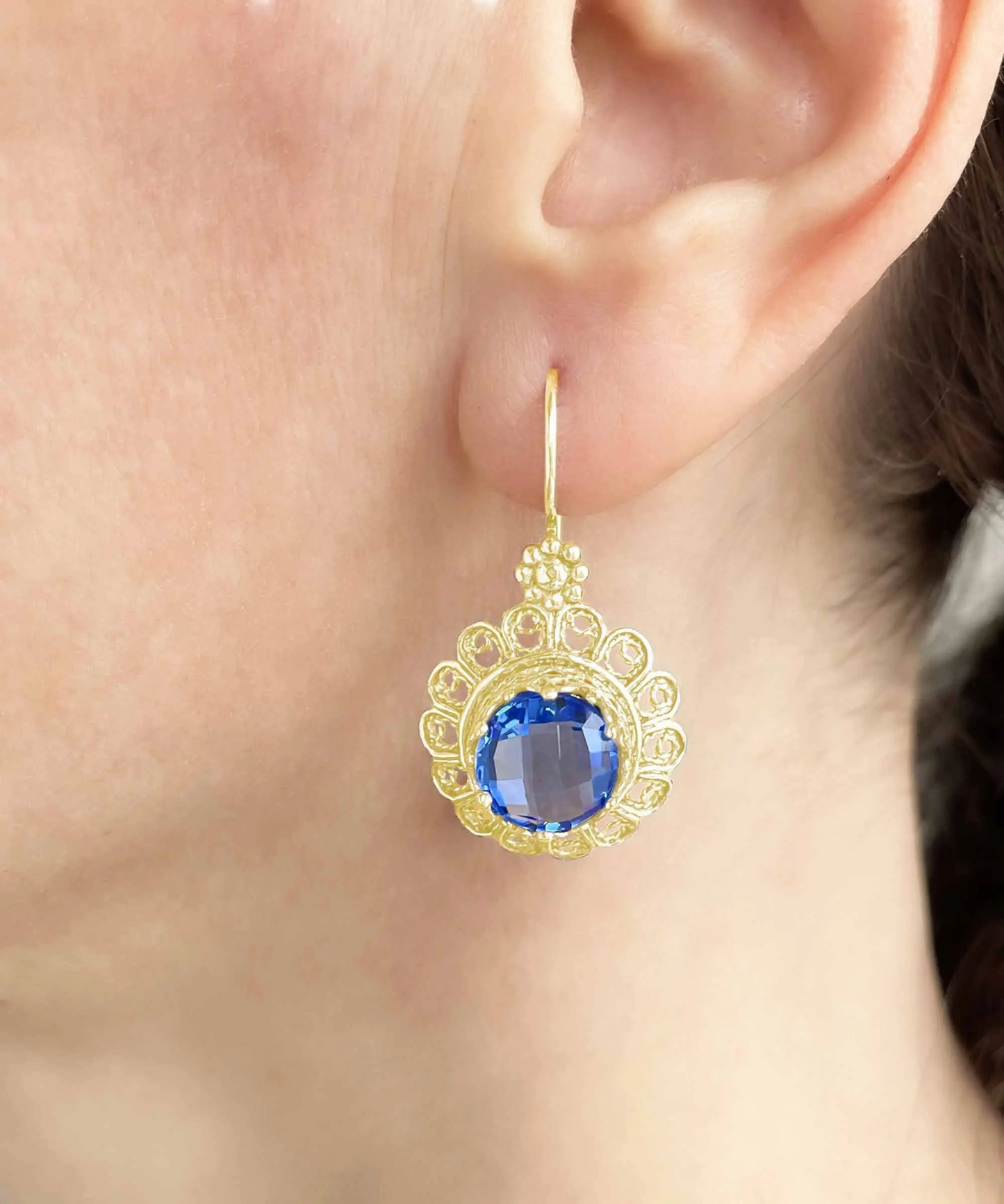 FiligranIst - Filigree Art Flower Design Gold Plated Silver Blue Quartz Gemstone Women Drop Earrings