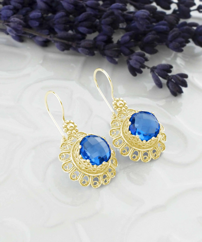 FiligranIst - Filigree Art Flower Design Gold Plated Silver Blue Quartz Gemstone Women Drop Earrings