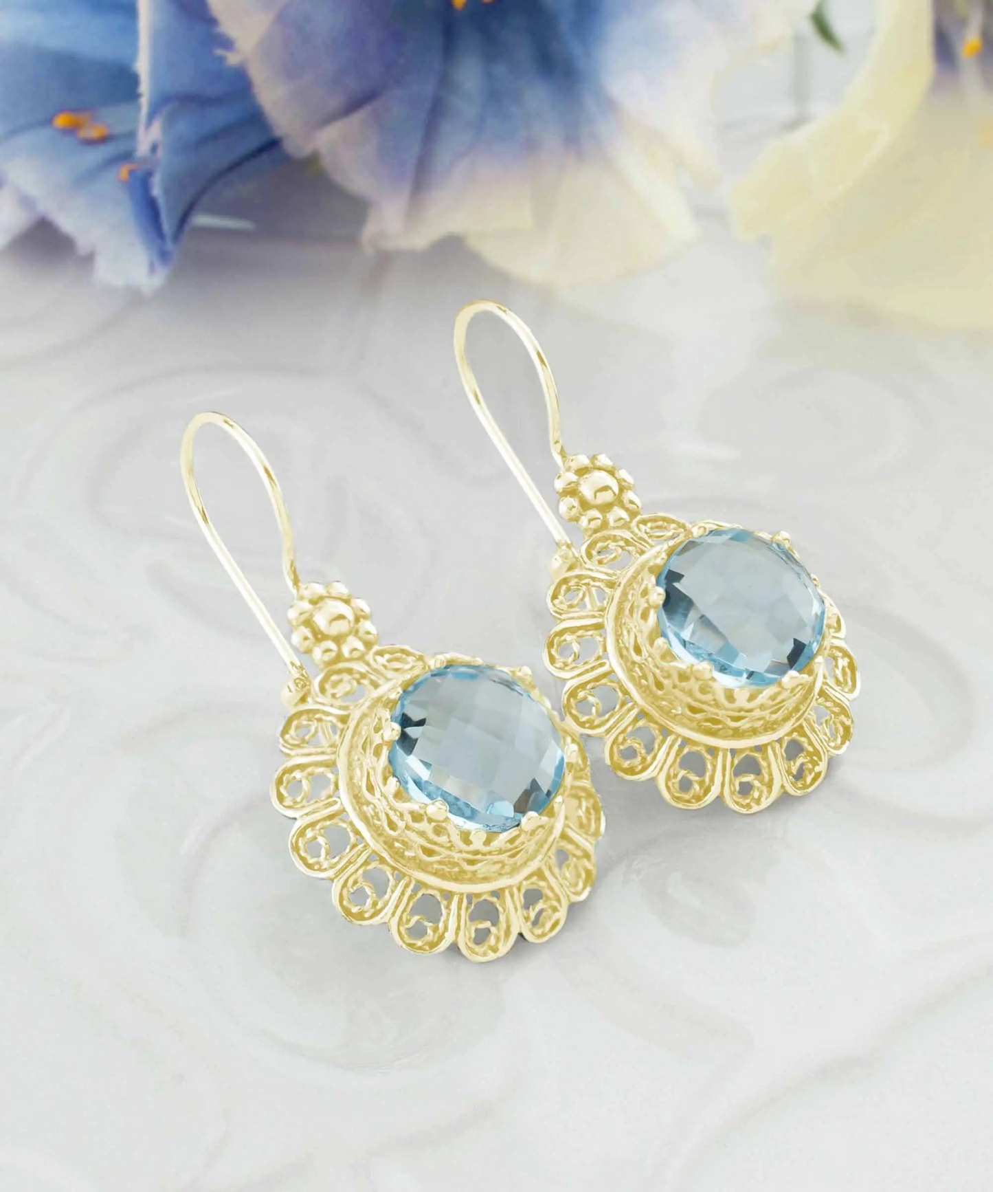 FiligranIst - Filigree Art Flower Design Gold Plated Silver Blue Topaz Gemstone Women Drop Earrings