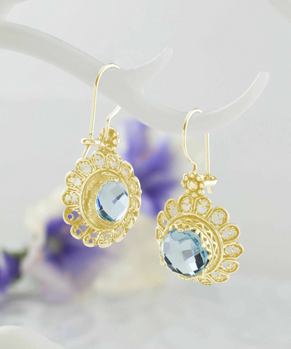 FiligranIst - Filigree Art Flower Design Gold Plated Silver Blue Topaz Gemstone Women Drop Earrings