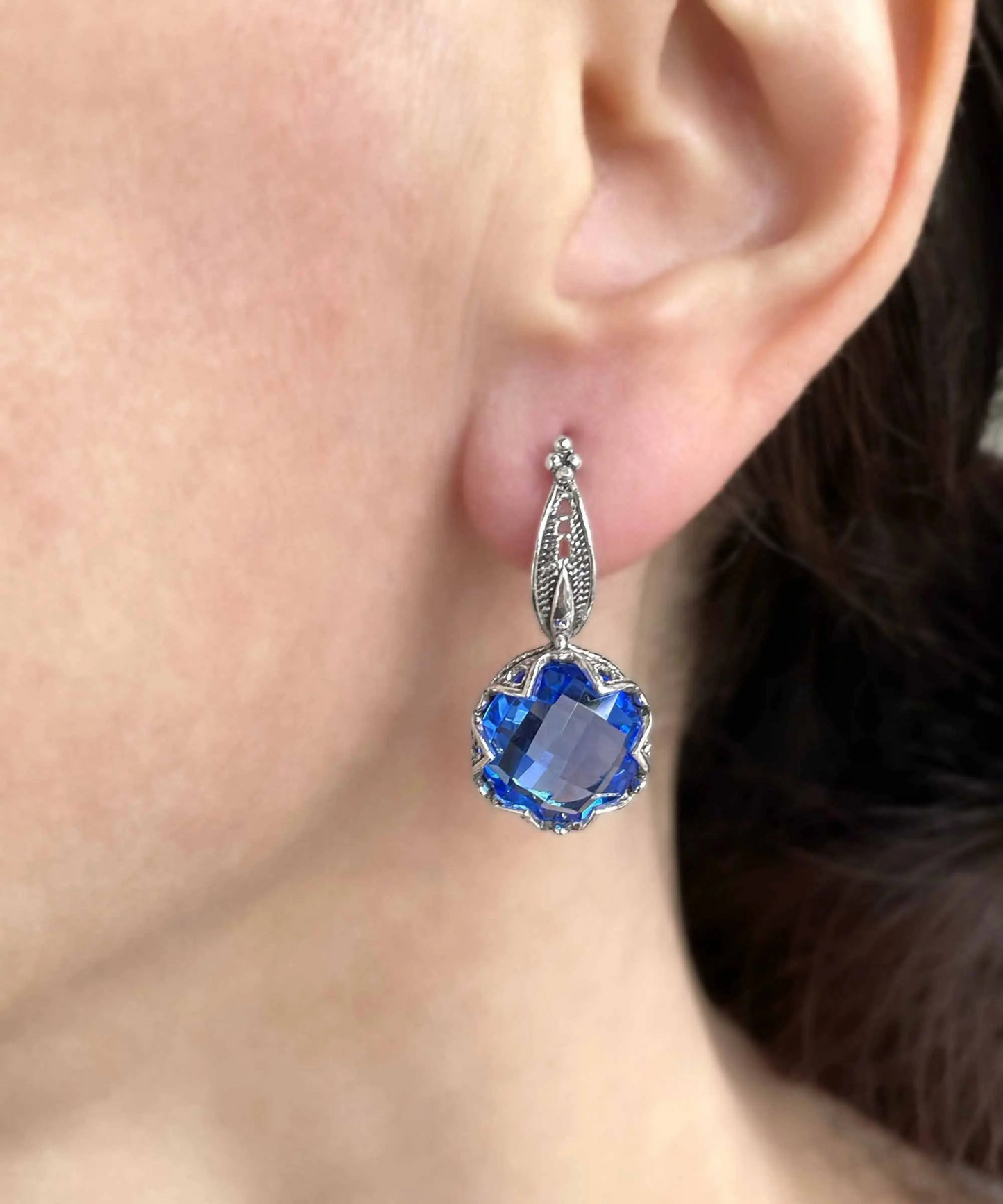 FiligranIst -  Filigree Flower Design Blue Quartz Sterling Silver Dangle Earrings