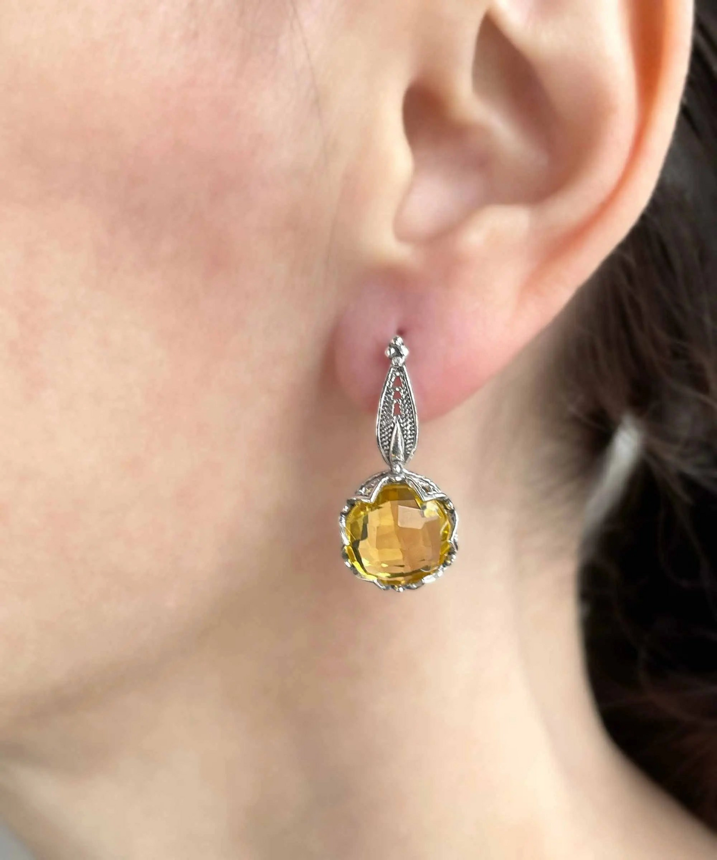 FiligranIst - Intricate Filigree Flower Motif Citrine Gemstone Sterling Silver Woman Drop Earrings