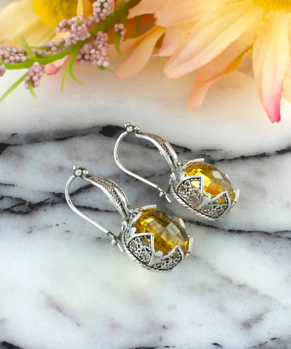 FiligranIst - Intricate Filigree Flower Motif Citrine Gemstone Sterling Silver Woman Drop Earrings