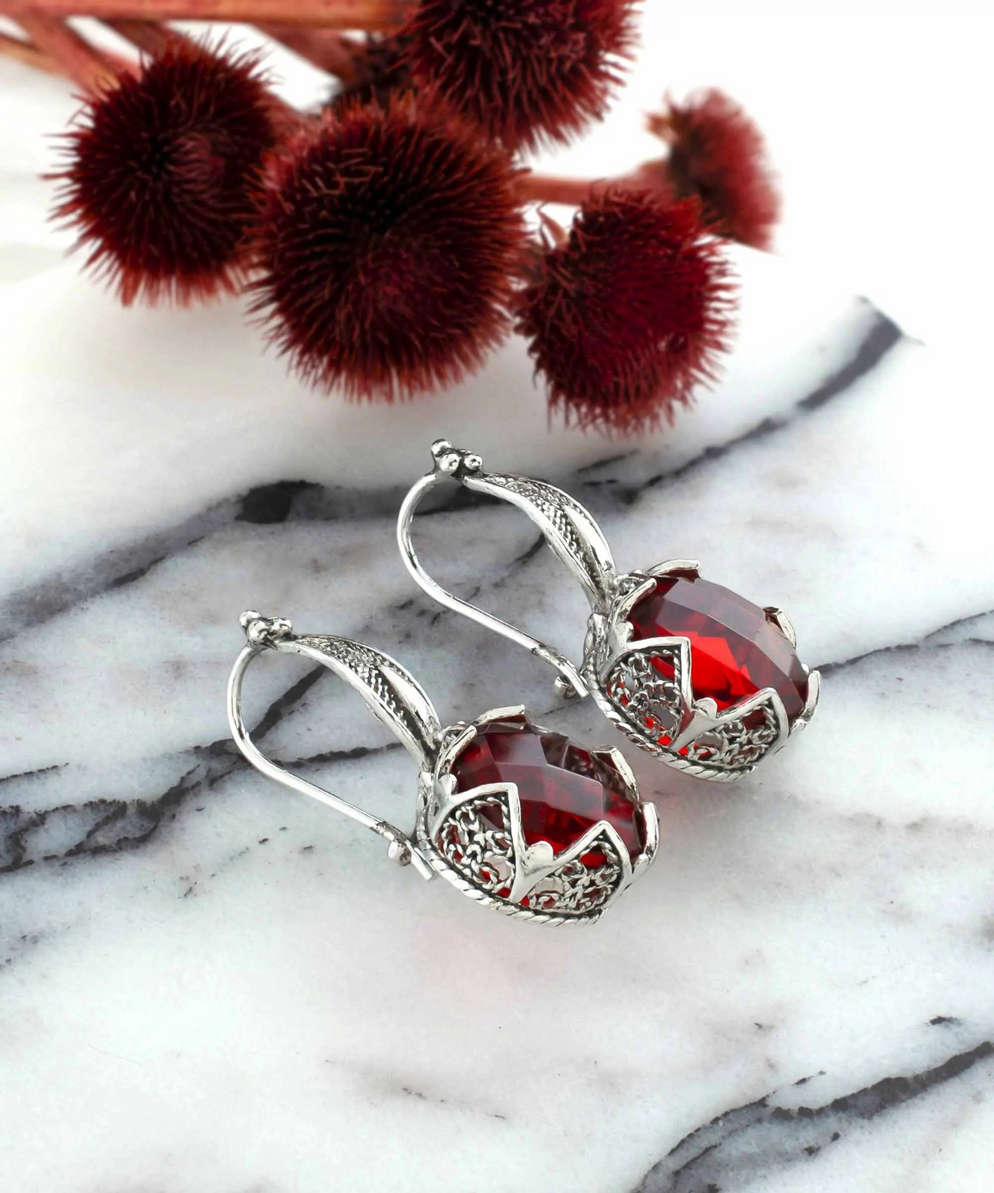 FiligranIst - Filigree Flower Motif Ruby Gemstone Sterling Silver Woman Drop Earrings