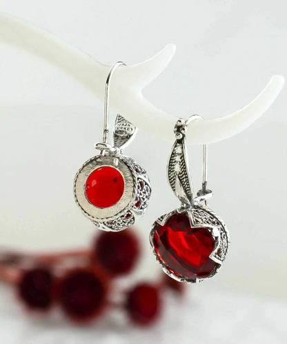 FiligranIst - Filigree Flower Motif Ruby Gemstone Sterling Silver Woman Drop Earrings