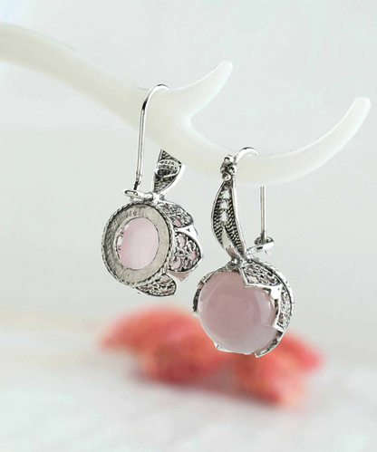 FiligranIst - Graceful Filigree Leaf Pattern Rose Quartz Sterling Silver Drop Earrings