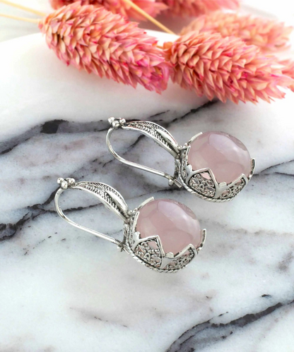 FiligranIst - Graceful Filigree Leaf Pattern Rose Quartz Sterling Silver Drop Earrings